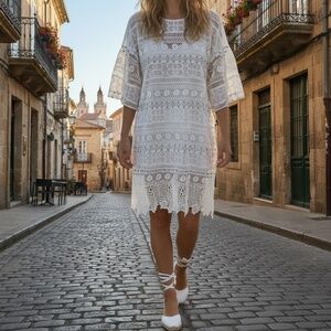 A366 Nancy Cottagecore Summer White Silver Beaded Crochet Lace Dress NWT L